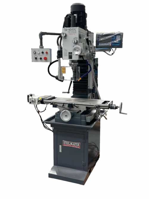 SM-MD45XL. Mill Drill with DRO. Steelmaster Geared Drive Mill Drill, Coolant, Dovetail Guides, Power Head Up & Down. 1